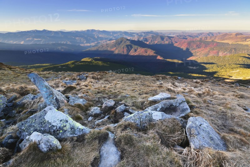 Ukraine, Zakarpattia region, Carpathians, Chornohora, mountain Hoverla, Blue sky over mountain range