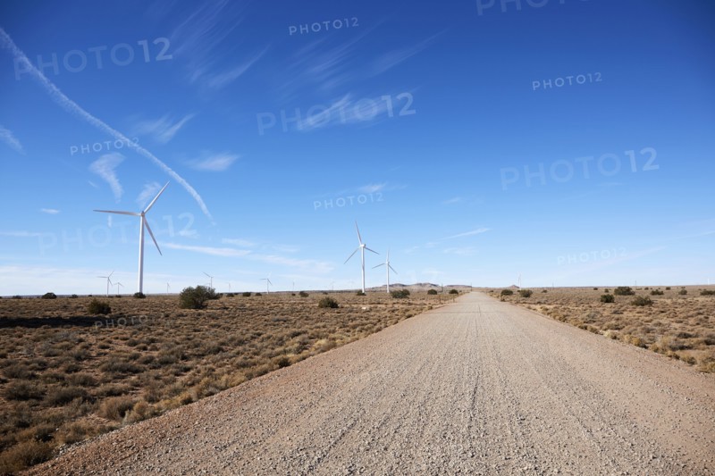 USA, Arizona, Wind turbines and road in arid landscape