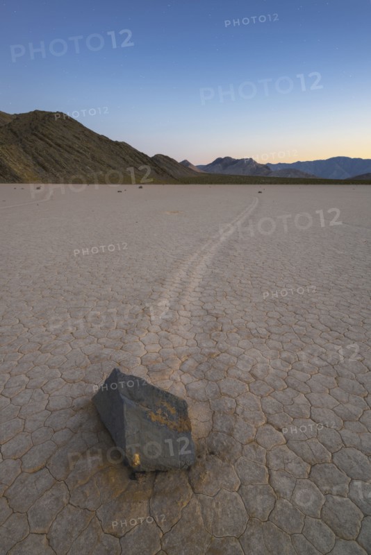 USA, California, Death Valley National Park, Race track Playa, Stones moving on desert