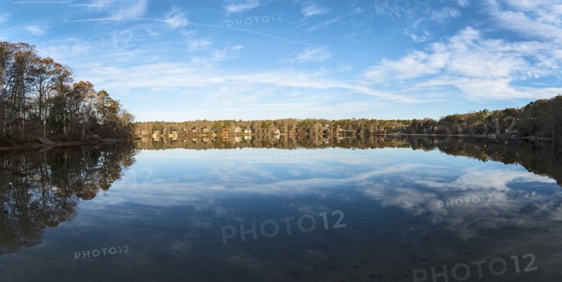 USA, Massachusetts, Cape Cod, Falmouth, Panoramic view of pond with reflection