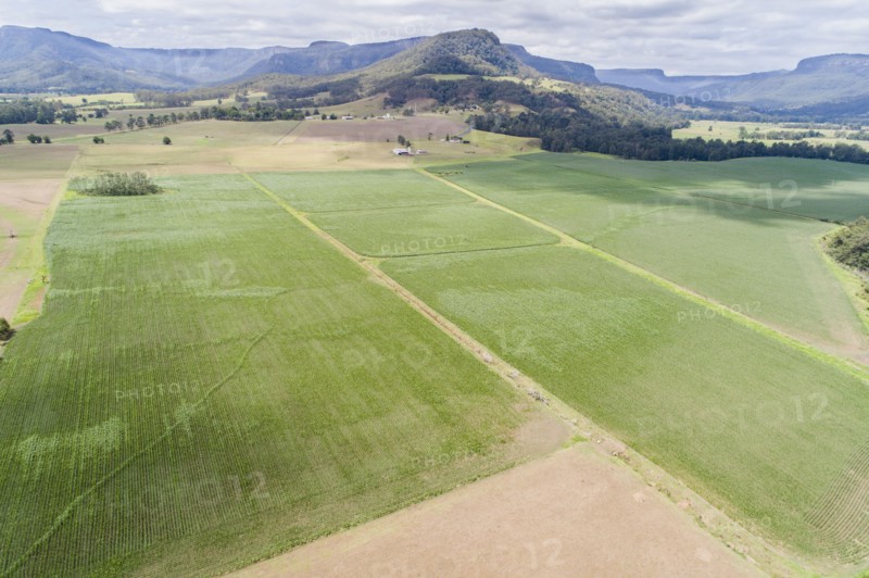 Australia, Landscape with fields and Kangaroo Valley in distance