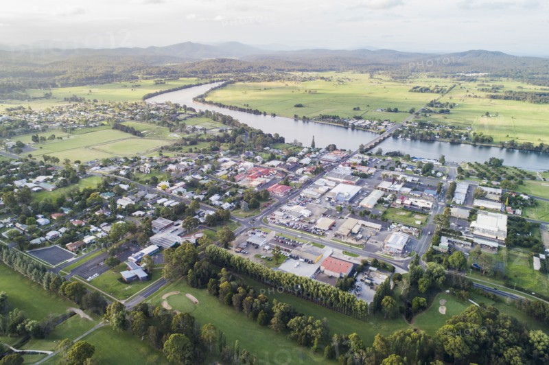 Australia, New South Wales, Moruya, Landscape with town and Moruya river