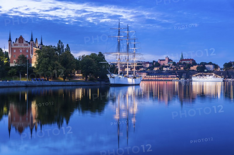Ship on river at sunset in Stockholm, Sweden