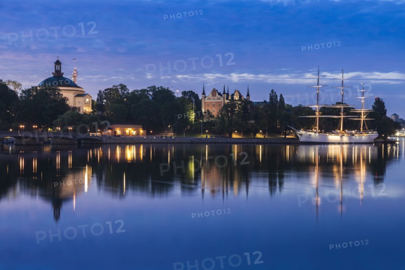 Ship on river at sunset in Stockholm, Sweden