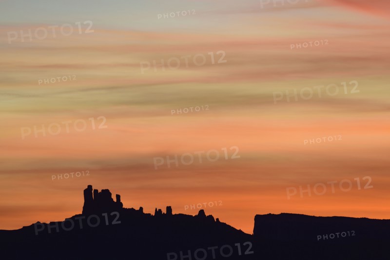 Silhouette of rock formations in Professor Valley in Arches National Park, Utah