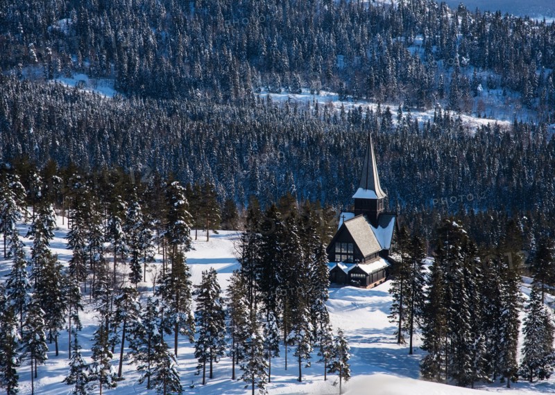 Church in forest during winter in Oslo, Norway