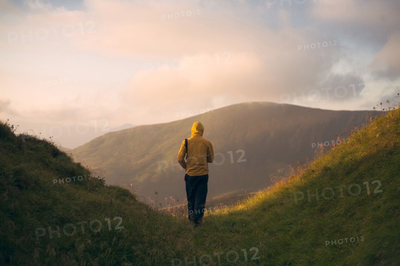 Rear view of man hiking in the Carpathian Mountain Range
