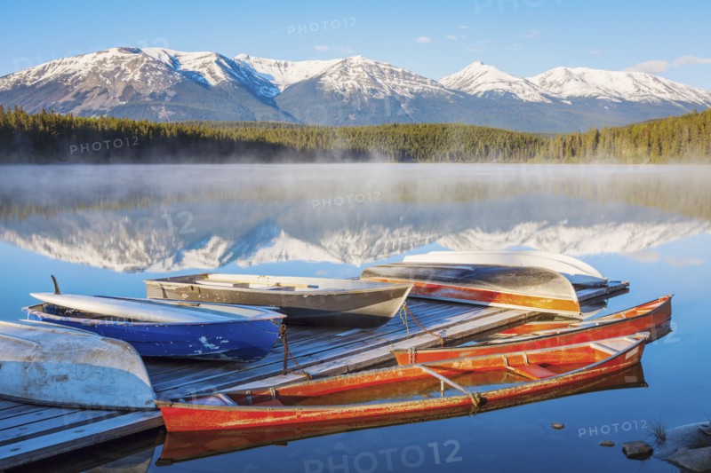 Canoes on Patricia Lake in Jasper National Park, Alberta, Canada
