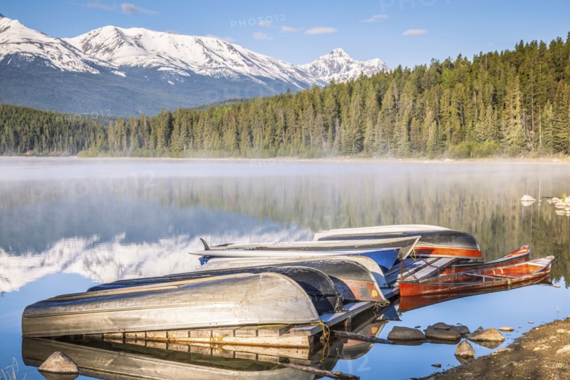 Canoes on Patricia Lake in Jasper National Park, Alberta, Canada