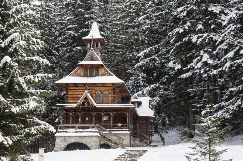 Chapel of the Sacred Heart of Jesus in snow in Jaszczurowka, Poland
