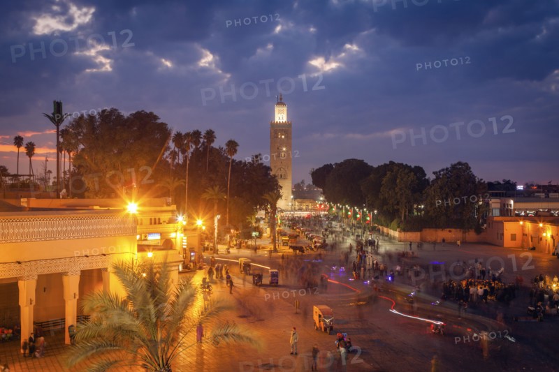 Koutoubia Mosque on Djemma el Fna square at sunset in Marrakesh, Morocco