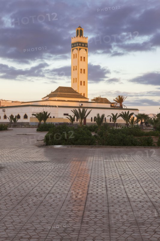 Eddarham Mosque at sunset in Dakhla, Morocco