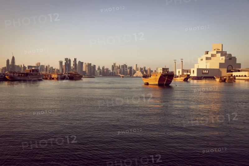Port by skyline of Doha, Qatar