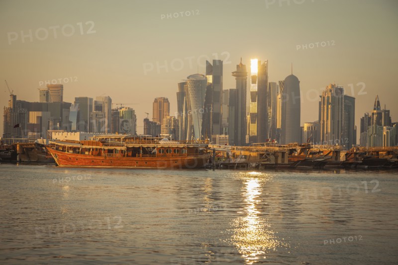 Port by skyline of Doha, Qatar