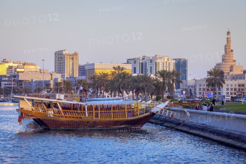 Boat moored by Al Fanar Mosque in Doha, Qatar