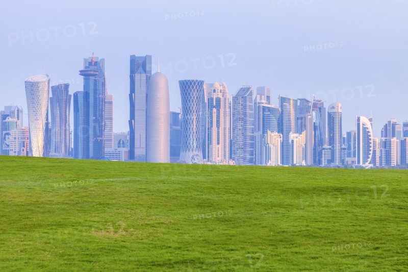 Lawn by skyline of Doha, Qatar