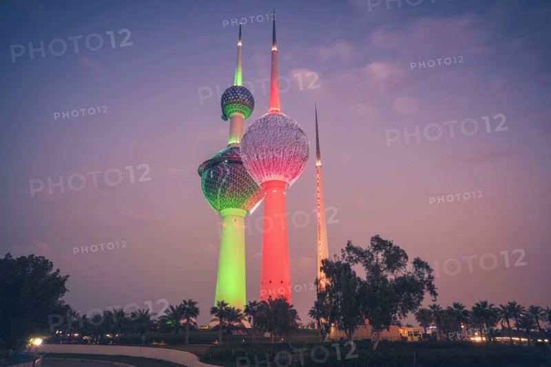 Lit Kuwait Towers in Kuwait City, Kuwait