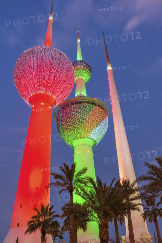 Lit Kuwait Towers in Kuwait City, Kuwait
