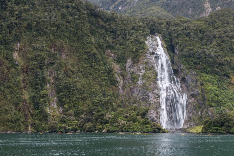 Waterfall in Milford Sound, New Zealand