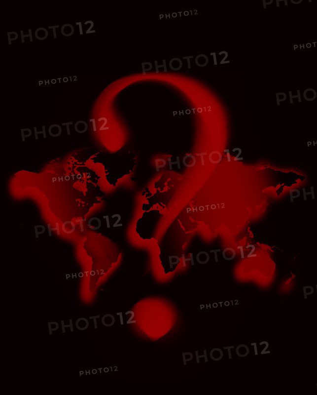Illustration of red question mark over world map