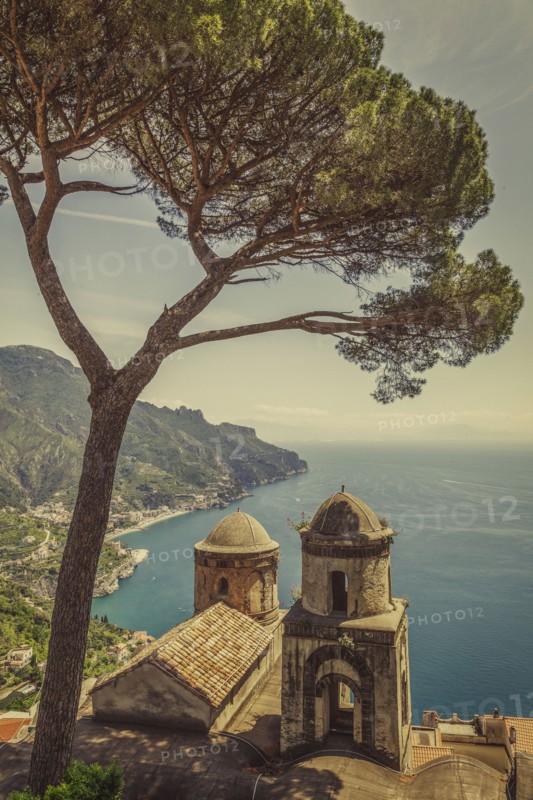 Tree over bell towers of Villa Rufolo in Ravello, Amalfi Coast, Italy