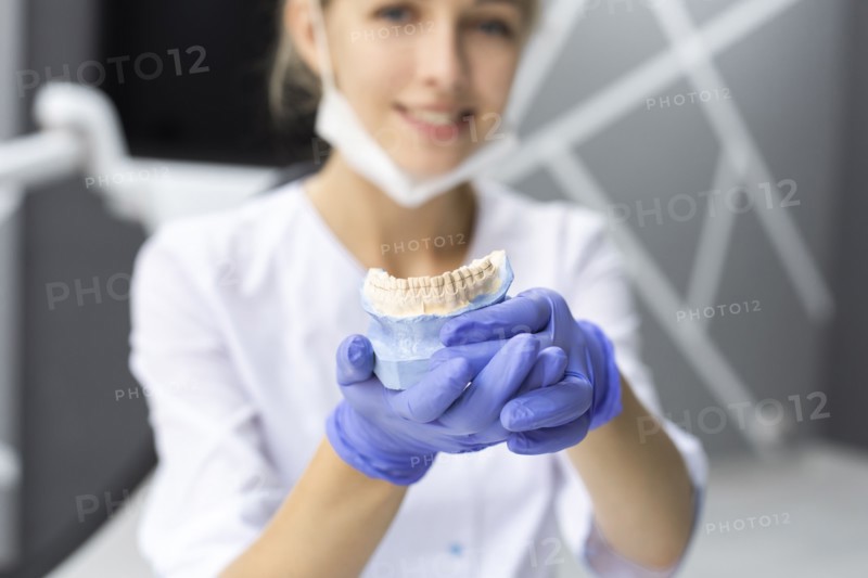 Dental assistant holding model teeth