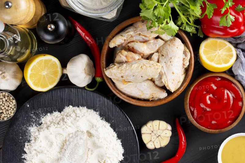 Raw ingredients including vegetables and flour