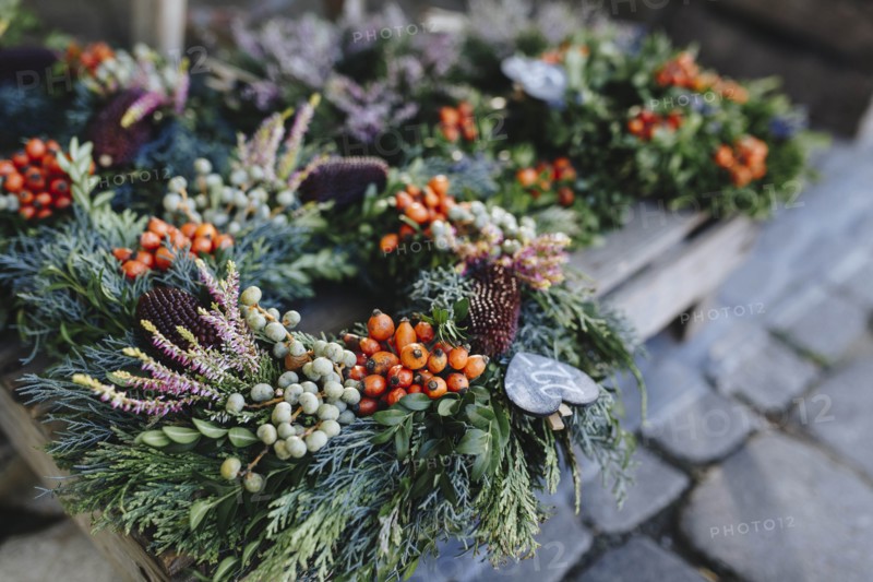 Christmas wreaths on pallet
