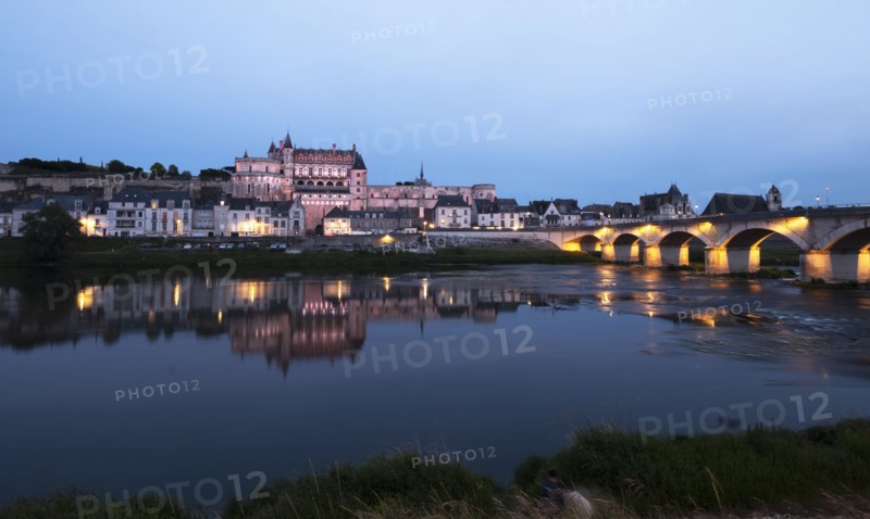 Amboise town by river at sunset in Loire Valley, France