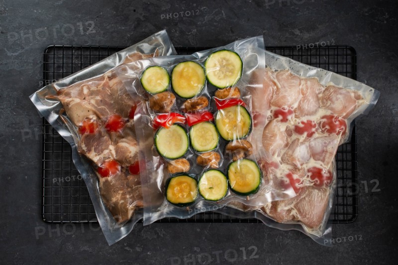 Raw packaged meat and vegetables for skewers