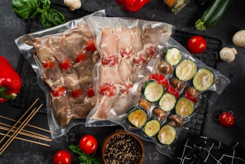 Raw packaged meat and vegetables for skewers