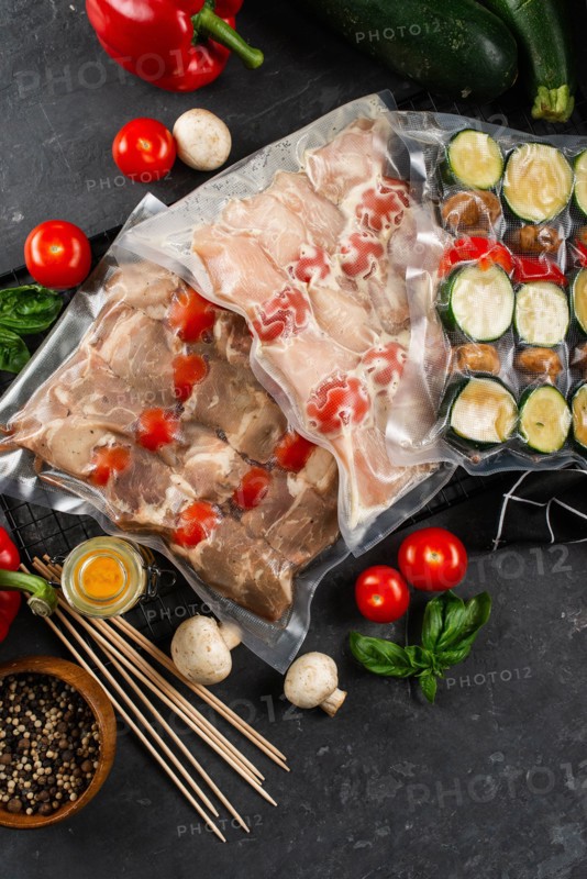 Raw packaged meat and vegetables for skewers