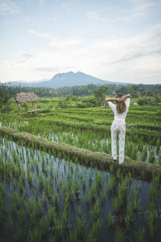 Rear view of woman standing in rice paddy in Bali