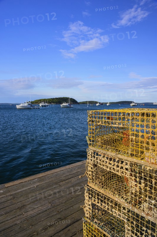 Lobster traps on jetty in Bar Harbor, Maine, USA