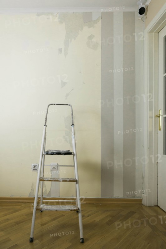 Step ladder by wall of torn wallpaper