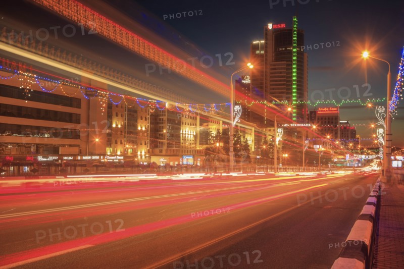 Light trails on road at night in Minsk, Belarus