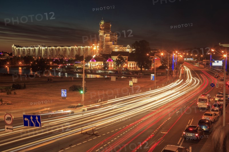Light trails on road at night in Minsk, Belarus