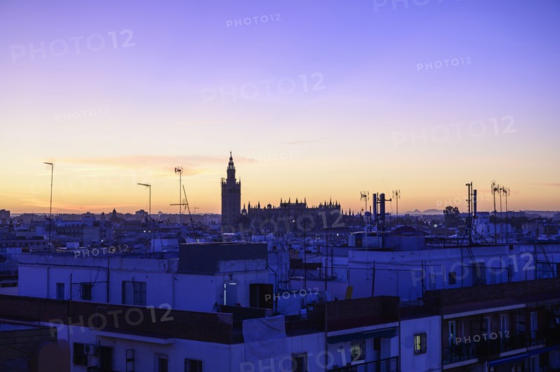 Cityscape with Giralda bell tower at sunset in Seville, Spain