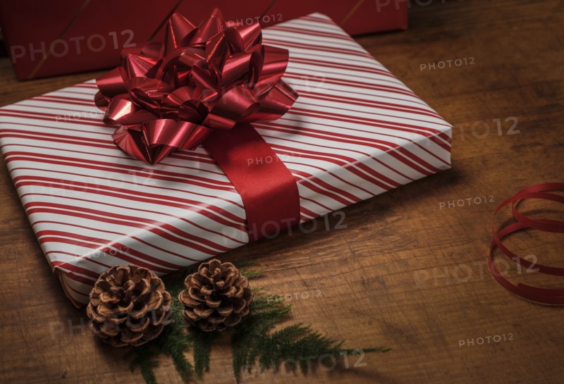 Red Christmas present by pinecones