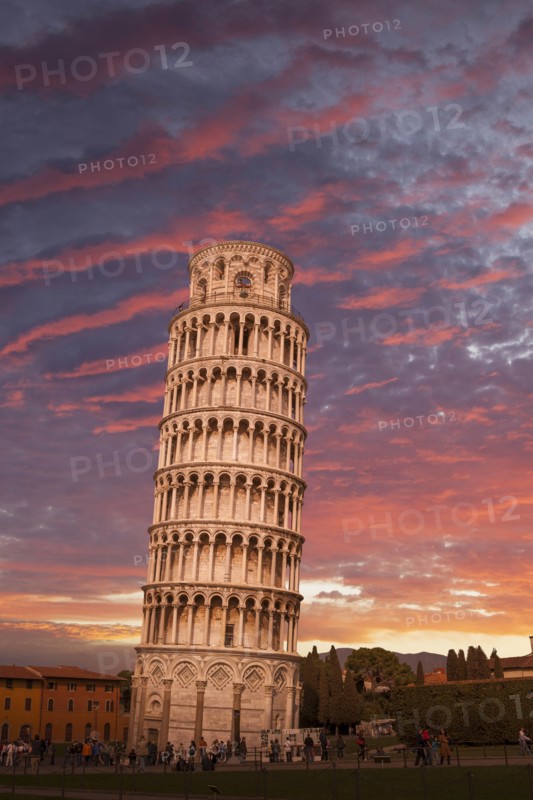 Leaning Tower of Pisa at sunset in Tuscany, Italy