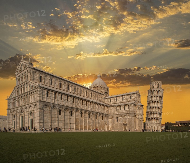 Leaning Tower of Pisa and Piazza dei Miracoli at sunset in Tuscany, Italy