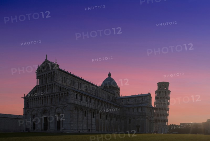 Leaning Tower of Pisa and Piazza dei Miracoli at sunset in Tuscany, Italy