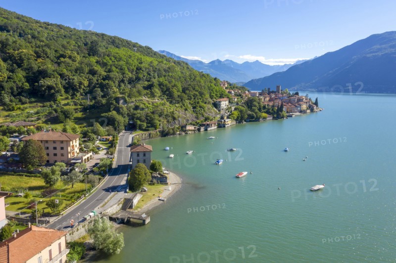 Buildings on peninsula by Lake Como in Lombardy, Italy