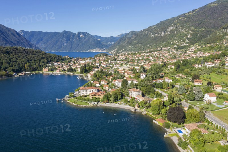 Buildings on peninsula by Lake Como in Lombardy, Italy