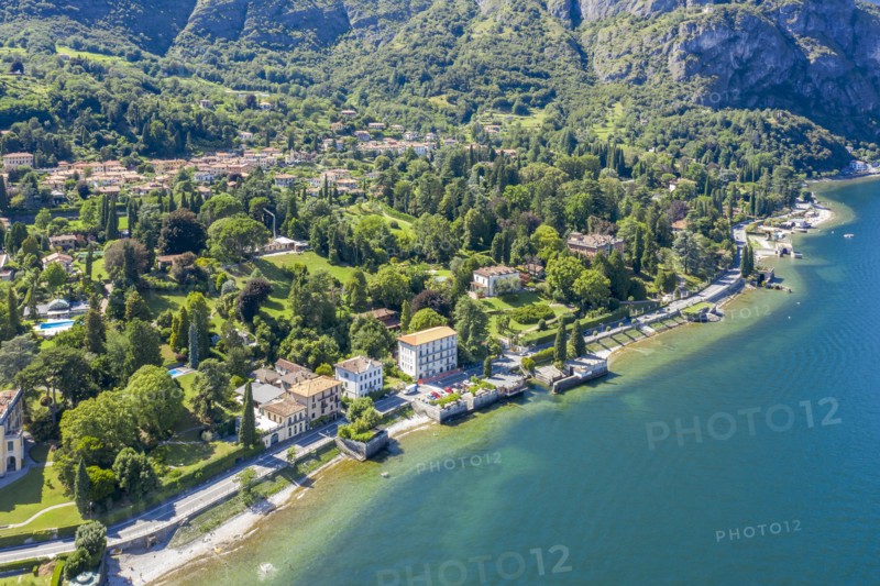 Buildings on peninsula by Lake Como in Lombardy, Italy