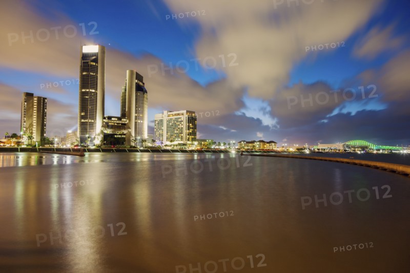 Harbor and cityscape of Corpus Christi at night in Texas