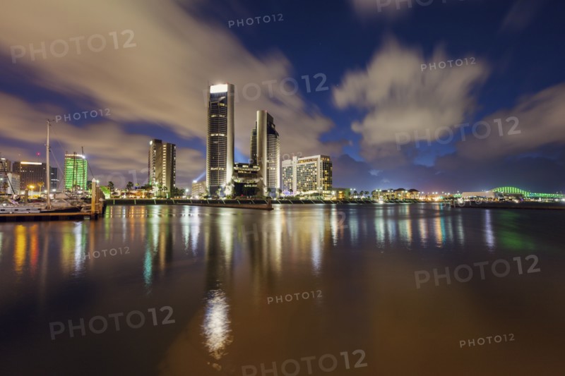 Harbor and cityscape of Corpus Christi at night in Texas