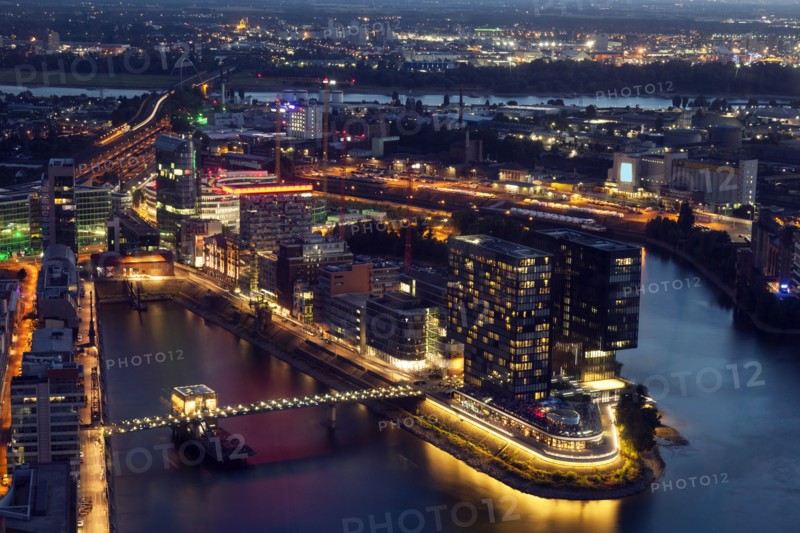 Aerial view of Dusseldorf at night in Germany