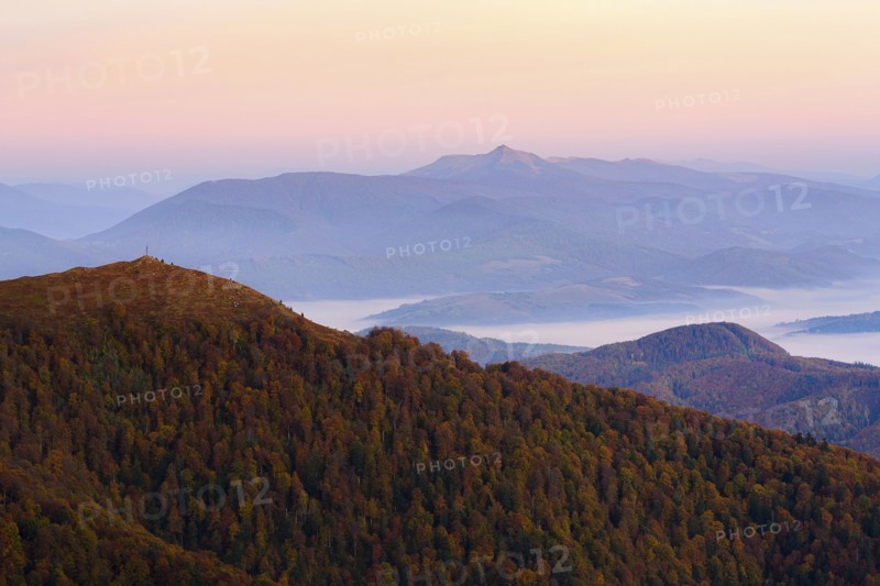Ukraine, Zakarpattia region, Carpathians, Borzhava, Carpathian Mountains at sunset
