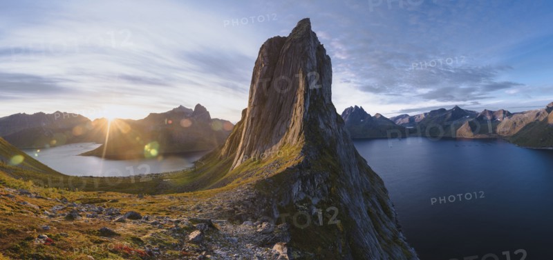 Norway, Senja, Panoramic view of Segla mountain at sunrise
